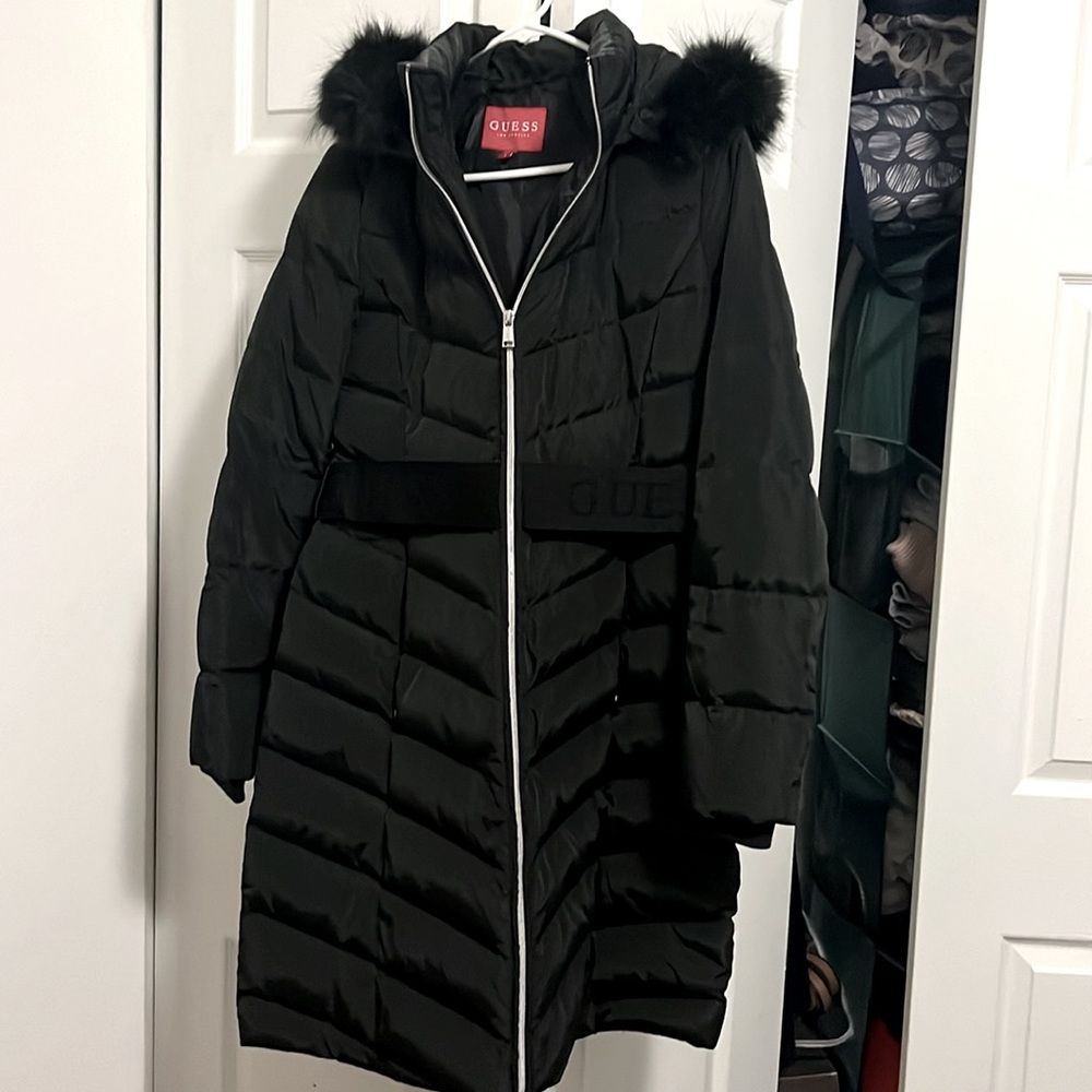 Guess down feather long black coat with faux fur hood